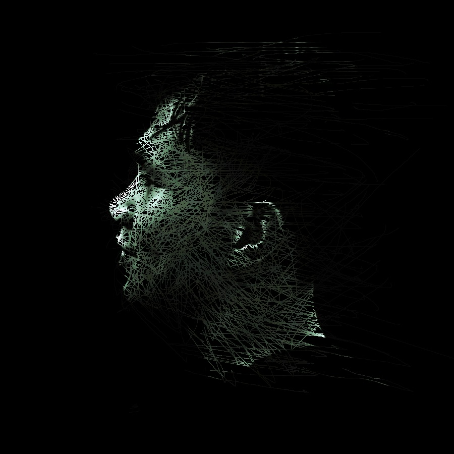 Scratch-art profile portrait, white lines on black