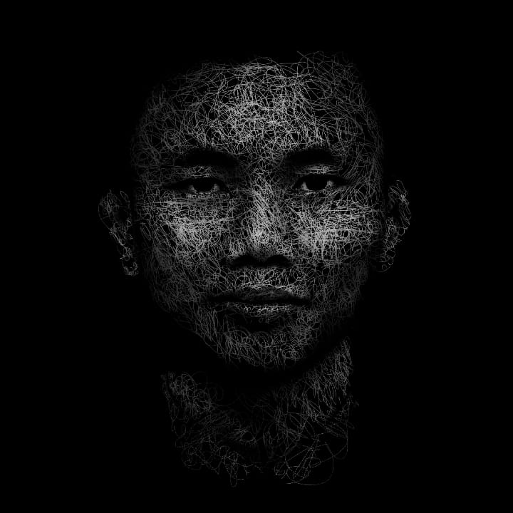 Scratch-art portrait, white lines on black